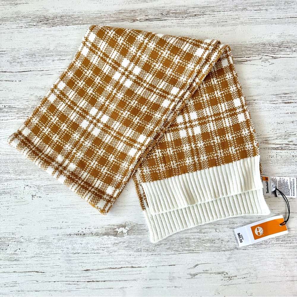 NWT TIMBERLAND Plaid Knit Scarf OS Cream Mustard - Picture 5 of 6